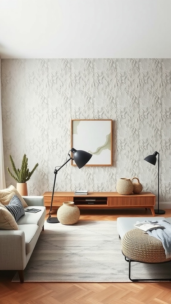 Cozy Scandinavian living room with a textured accent wall, comfortable sofa, and natural decor elements.