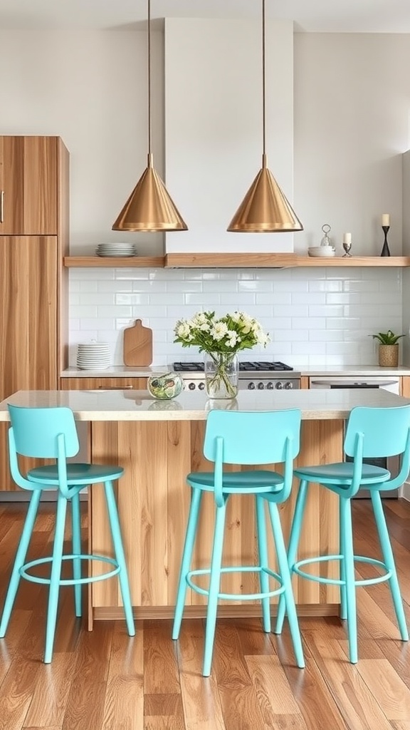 Bright aquamarine bar stools at a wooden kitchen island