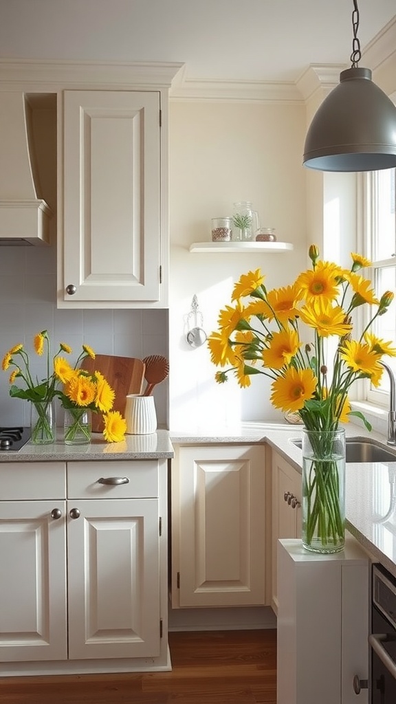 A bright kitchen featuring artful arrangements of yellow flowers in vases on the countertop.