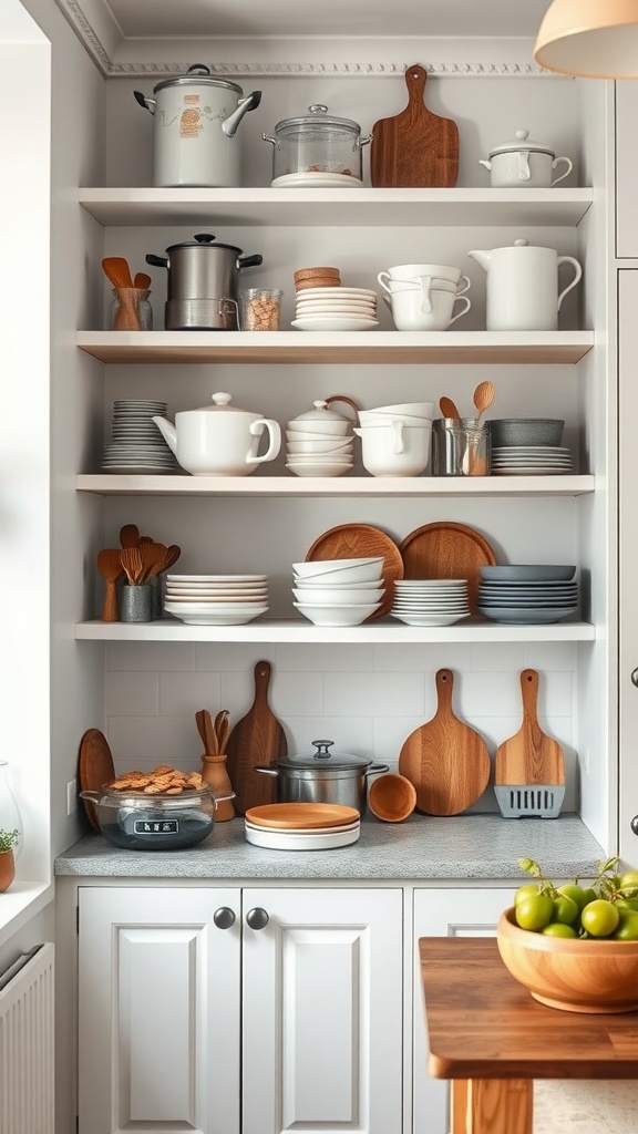 A well-organized Scandinavian kitchen shelf displaying cookware and tableware.
