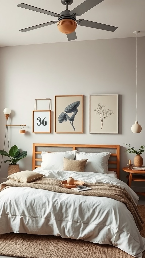 A stylish bedroom with artful wall decor, featuring framed prints and natural elements.