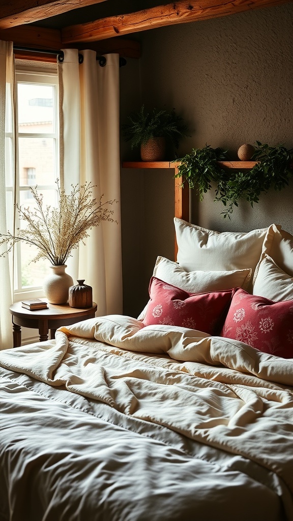 Cozy bedroom featuring artisan handcrafted bedding with a warm color palette and natural decor.