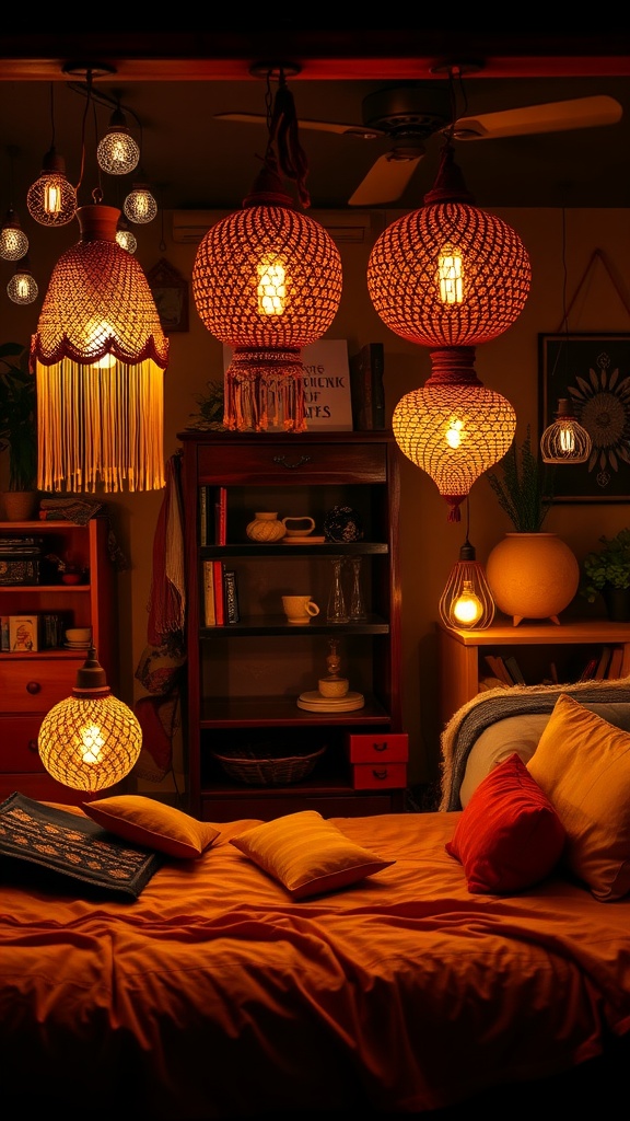 A cozy boho bedroom featuring various artisan lighting fixtures with warm light.