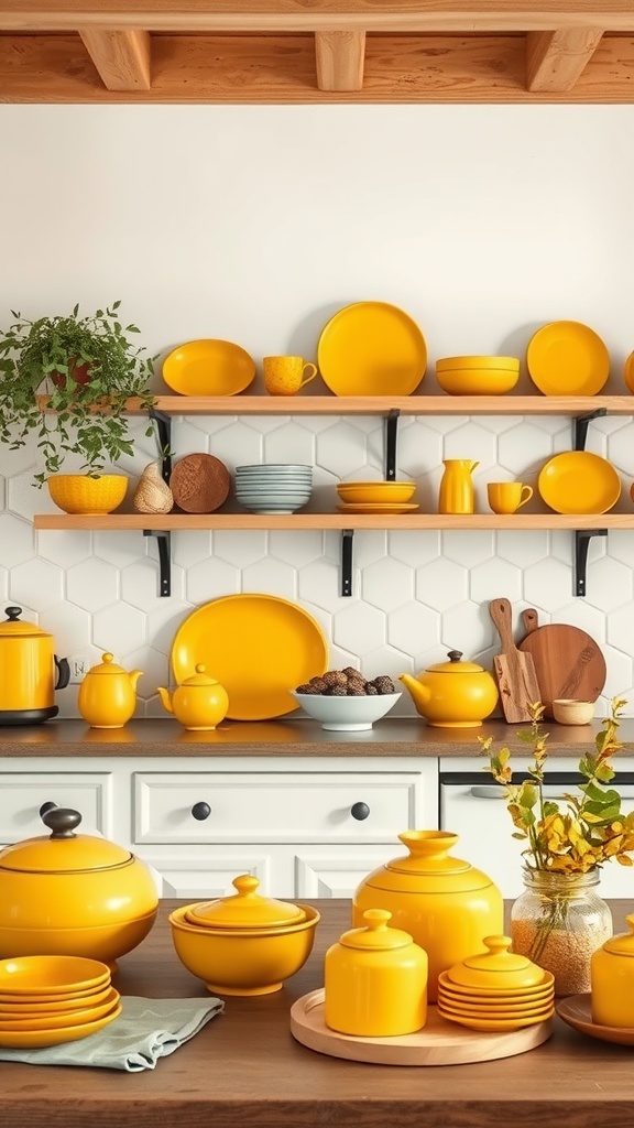 A kitchen featuring bright yellow pottery displayed on wooden shelves with greenery and various utensils.