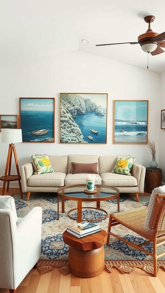 Coastal living room featuring local artwork, colorful cushions, and a cozy seating arrangement.