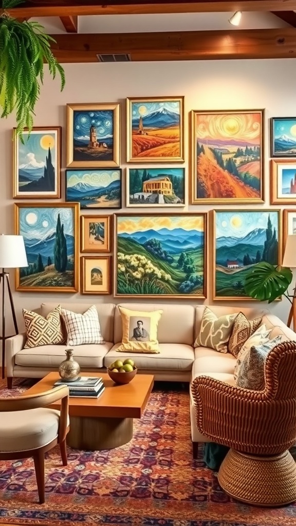 A cozy living room featuring a gallery wall with various art frames and a comfortable sofa.