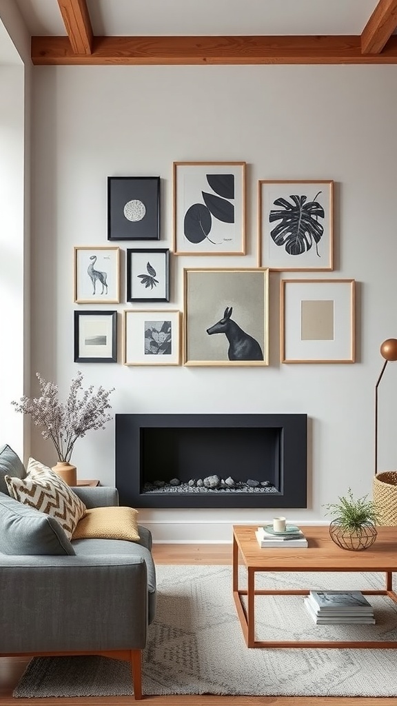 A cozy Scandinavian living room featuring a wall display of framed black-and-white photos and botanical illustrations, complemented by a light couch and an orange armchair.