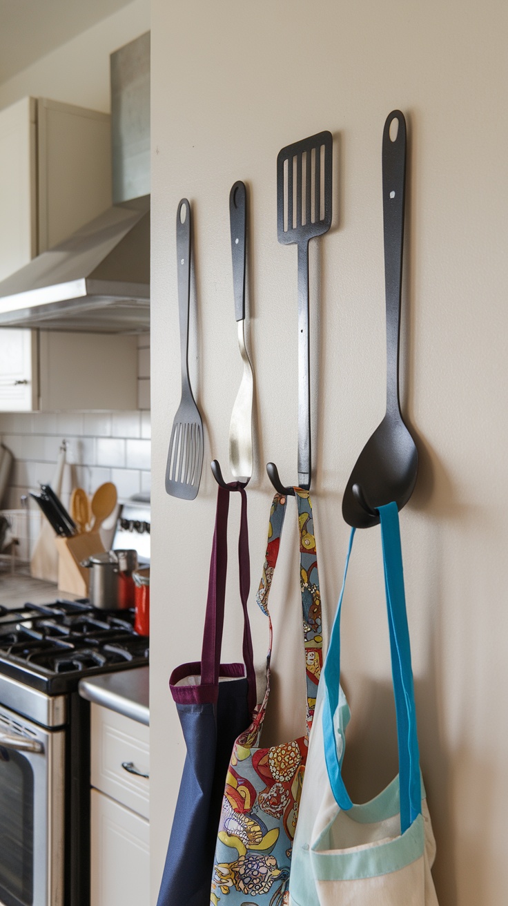 Wooden wall rack with black hooks displaying colorful aprons