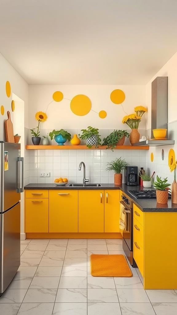 A bright yellow boho kitchen with artistic wall murals, featuring sunflower accents and colorful vases.