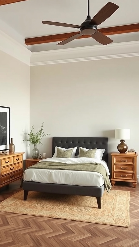 A modern Japandi bedroom featuring a dark bed frame, wooden furniture, and neutral color palette.