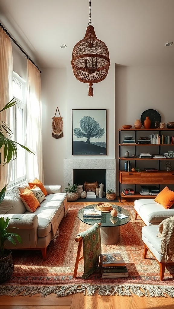 A boho living room featuring a neutral color palette with vibrant orange accents, a patterned rug, and natural elements.