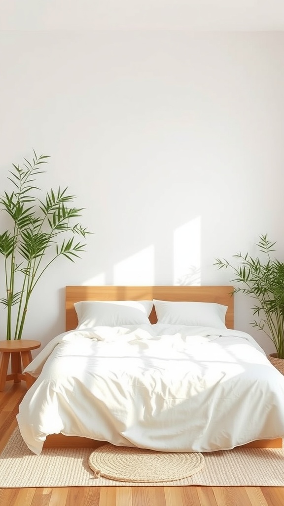 Cozy bedroom featuring bamboo bedding and plants for an eco-friendly atmosphere