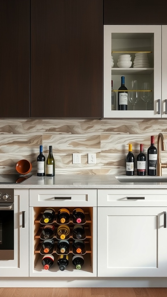 Beneath-counter wine rack with various wine bottles stored underneath a kitchen counter.