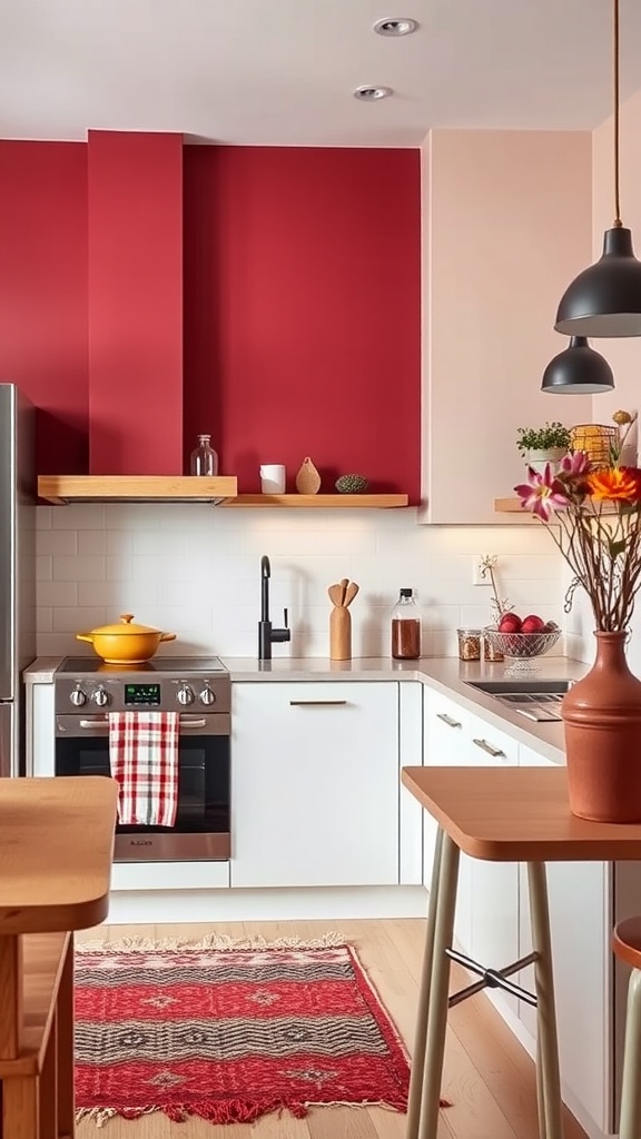 A modern kitchen featuring berry tones on the wall, neutral cabinetry, and wooden accents.