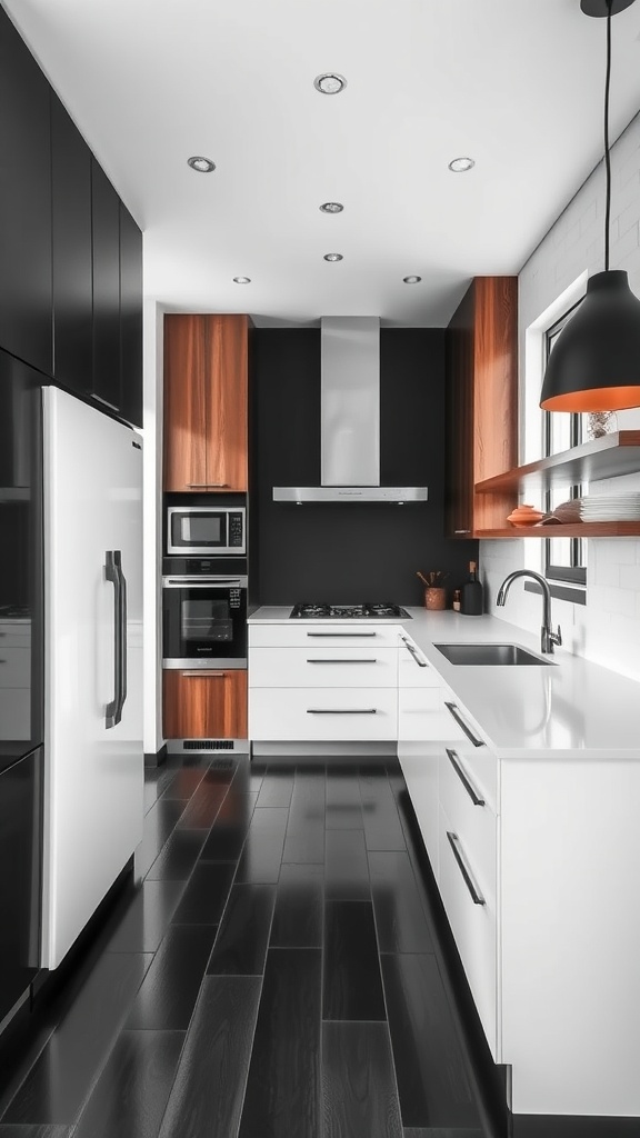 A modern Japandi-inspired kitchen featuring black cabinets, white countertops, and natural wood accents.