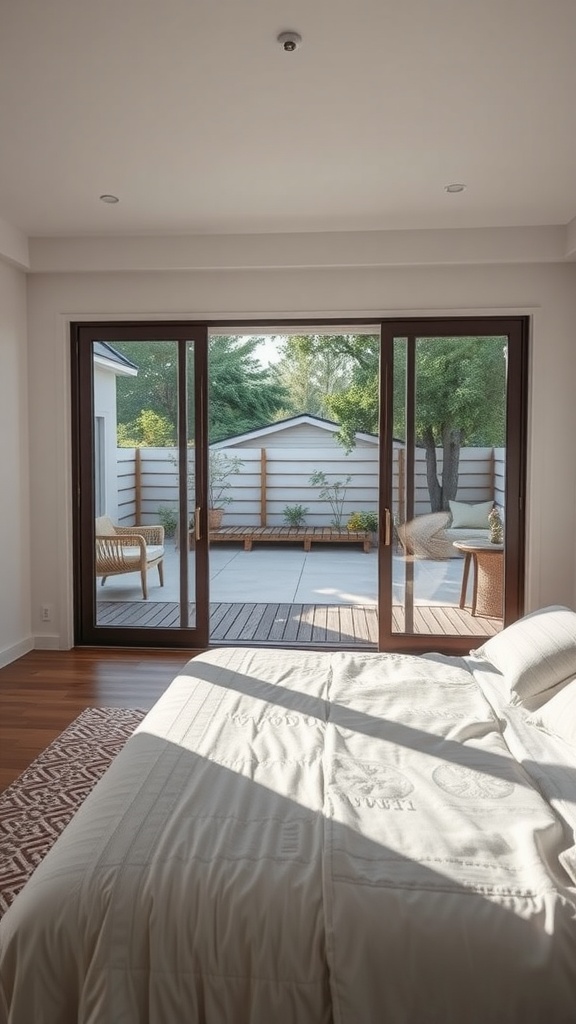 A bright bedroom with large glass doors leading to an outdoor patio, blending indoor and outdoor spaces.