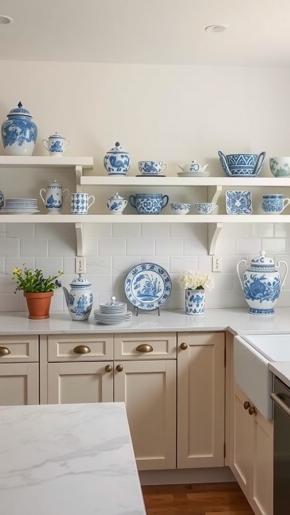 A charming kitchen displaying blue and white porcelain decor arranged on open shelves.