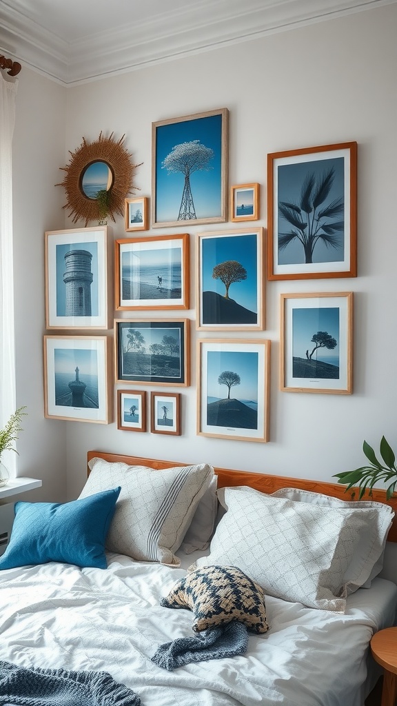 A cozy bedroom featuring a blue boho gallery wall with various framed artwork and a wooden bed.