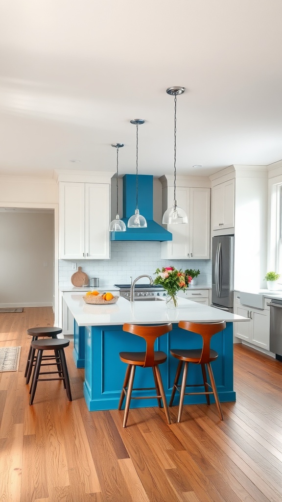 Modern farmhouse kitchen with blue island and wooden seating