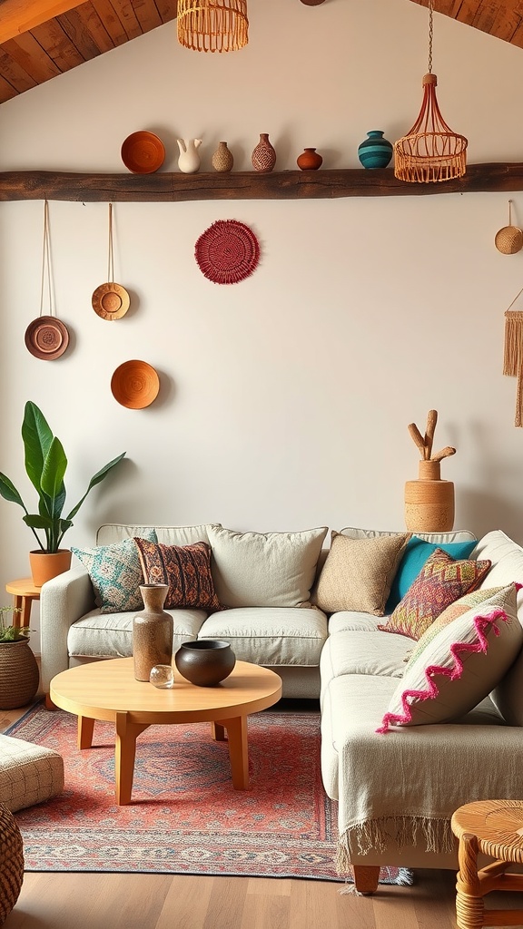 A cozy Bohemian living room featuring layered textiles, colorful pottery, and greenery.