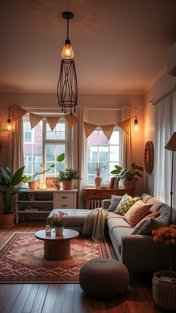 A cozy Bohemian living room with warm lighting, featuring unique light fixtures and plants.