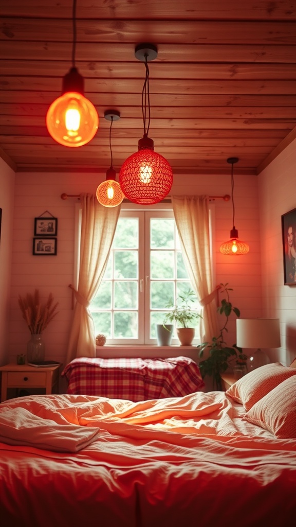 A cozy bohemian bedroom with red pendant lights hanging from a wooden ceiling, soft bedding, and a bright window.