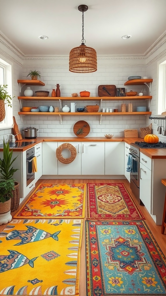 A bright, bohemian kitchen with colorful rugs in yellow and red tones.