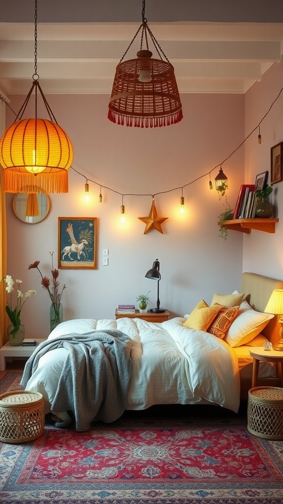 A cozy boho-inspired bedroom featuring vibrant hanging lanterns and warm string lights.