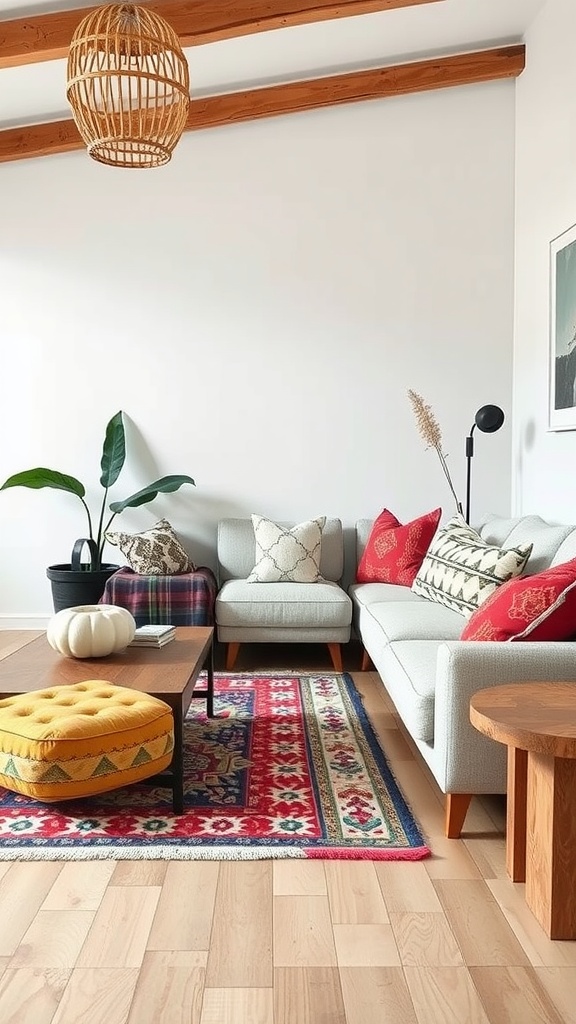 A cozy boho living room featuring bold patterns with a colorful rug, patterned pillows, a yellow pouf, and plants.