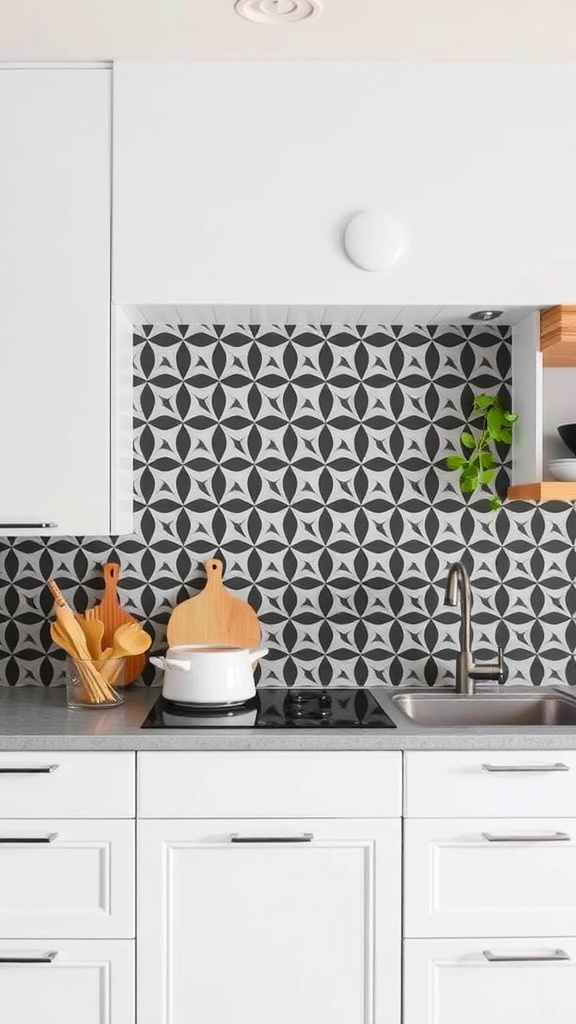 A Scandinavian kitchen featuring a bold black and white patterned backsplash with modern appliances and wooden utensils.