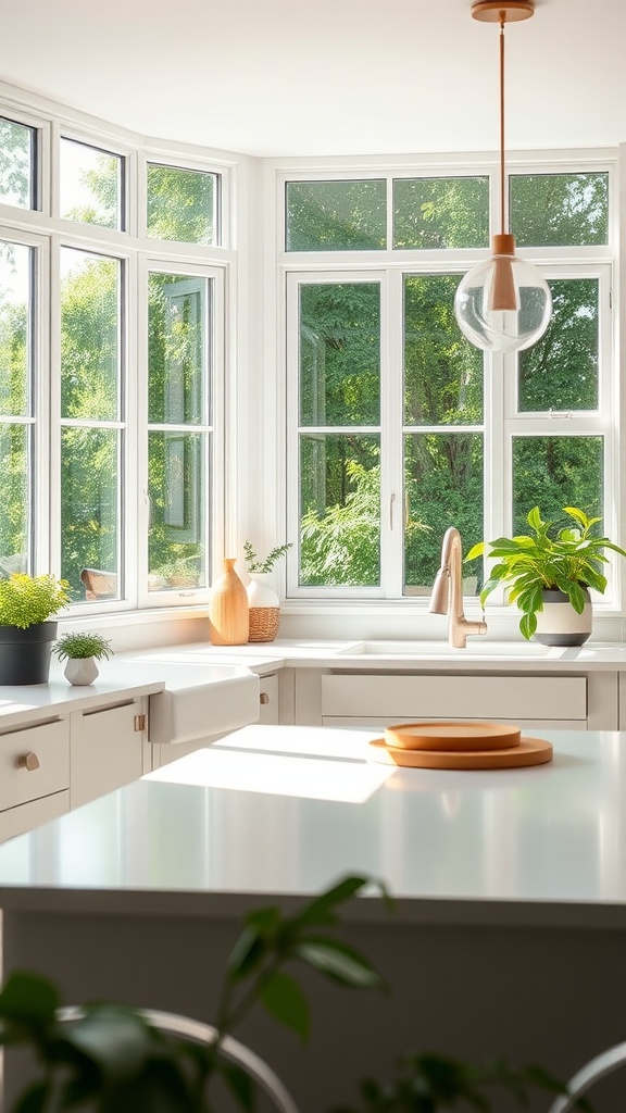 A bright Scandinavian kitchen with large windows, modern fixtures, and green plants.