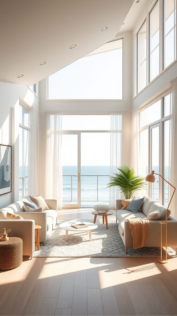 A bright coastal living room with large windows overlooking the ocean, featuring comfortable seating and a light, airy atmosphere.