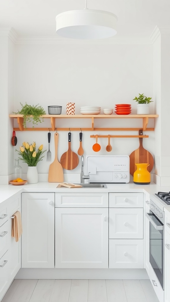 A bright white kitchen with colorful accents, featuring wooden shelves, orange dishware, and green plants.