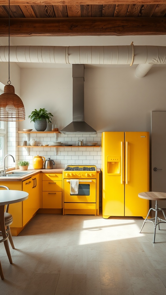 Bright yellow kitchen appliances including a refrigerator and stove, complemented by wooden elements and natural light.