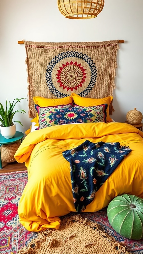 A bright yellow bedding set on a bohemian style bed with colorful pillows, a woven wall hanging, and decorative elements.