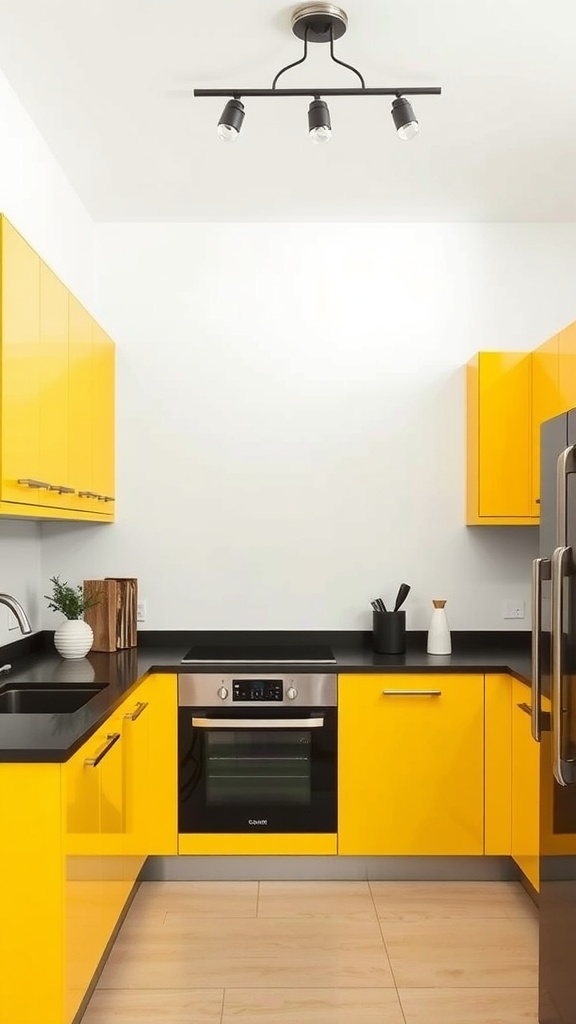 A modern kitchen featuring bright yellow cabinets and dark countertops.