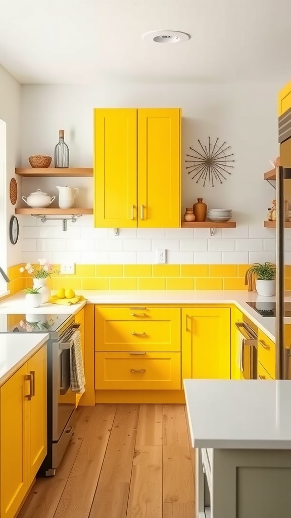A modern farmhouse kitchen featuring bright yellow cabinets, white accents, and wooden flooring.
