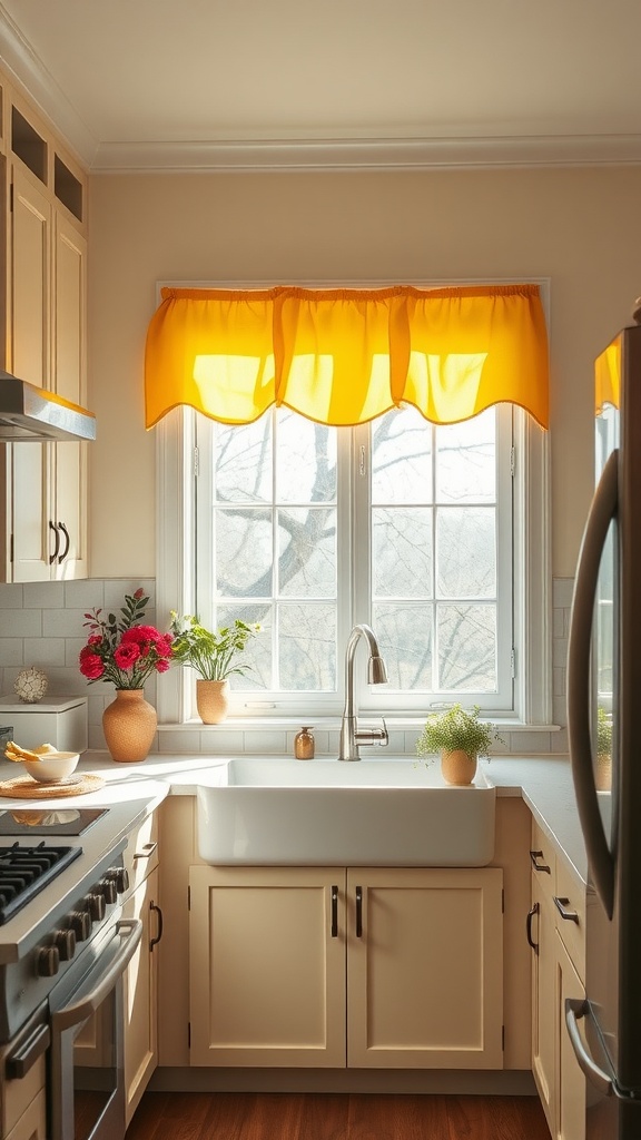 A kitchen with bright yellow window treatments, featuring a white farmhouse sink and plants on the windowsill.