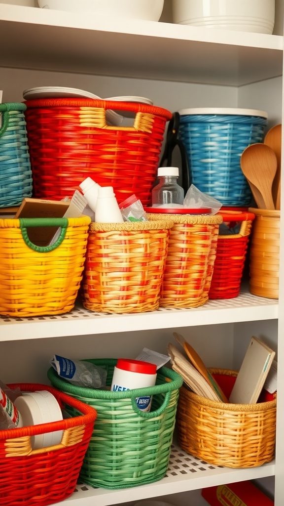 Colorful storage baskets in a kitchen shelf