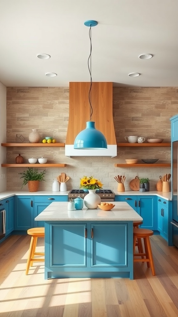A modern farmhouse kitchen featuring cerulean blue pendant lighting above a kitchen island.