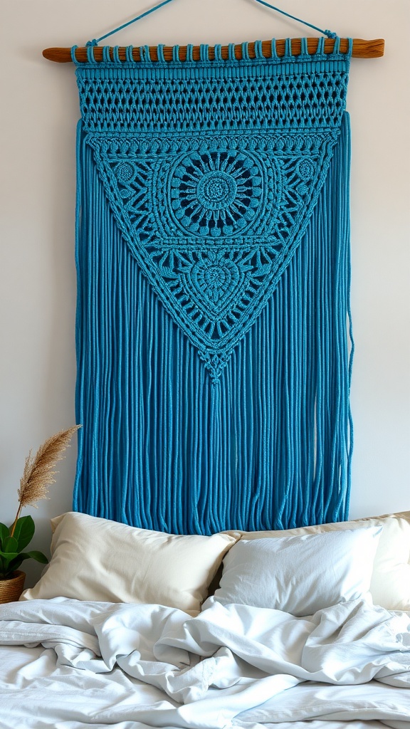 A cerulean macrame wall hanging with intricate patterns, hanging above a bed with white and gray pillows.