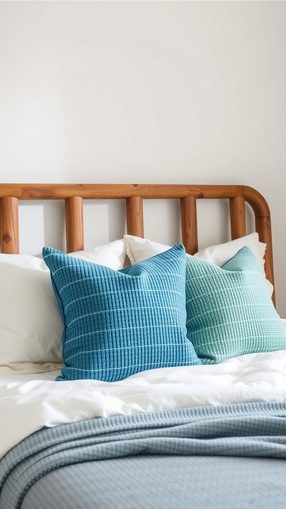 Close-up of cerulean and teal textured throw pillows on a bed.