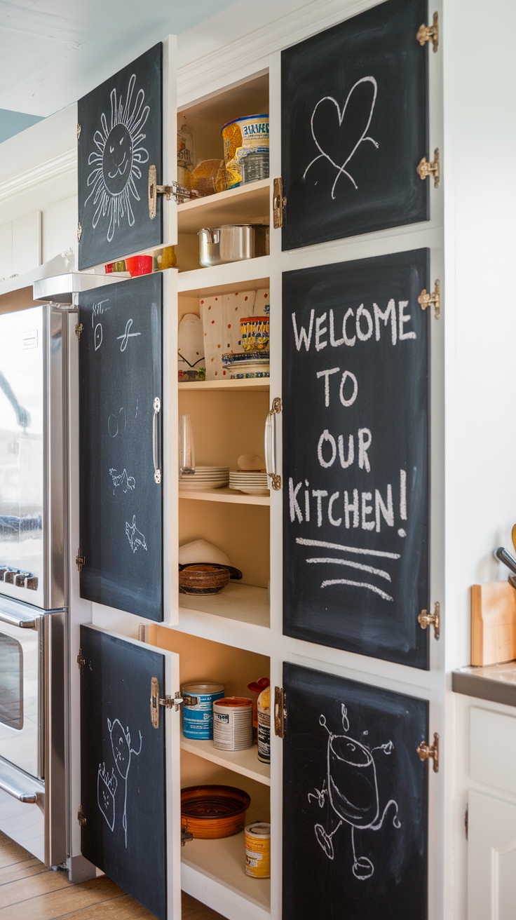 Chalkboard painted cabinet doors with handwritten notes and doodles