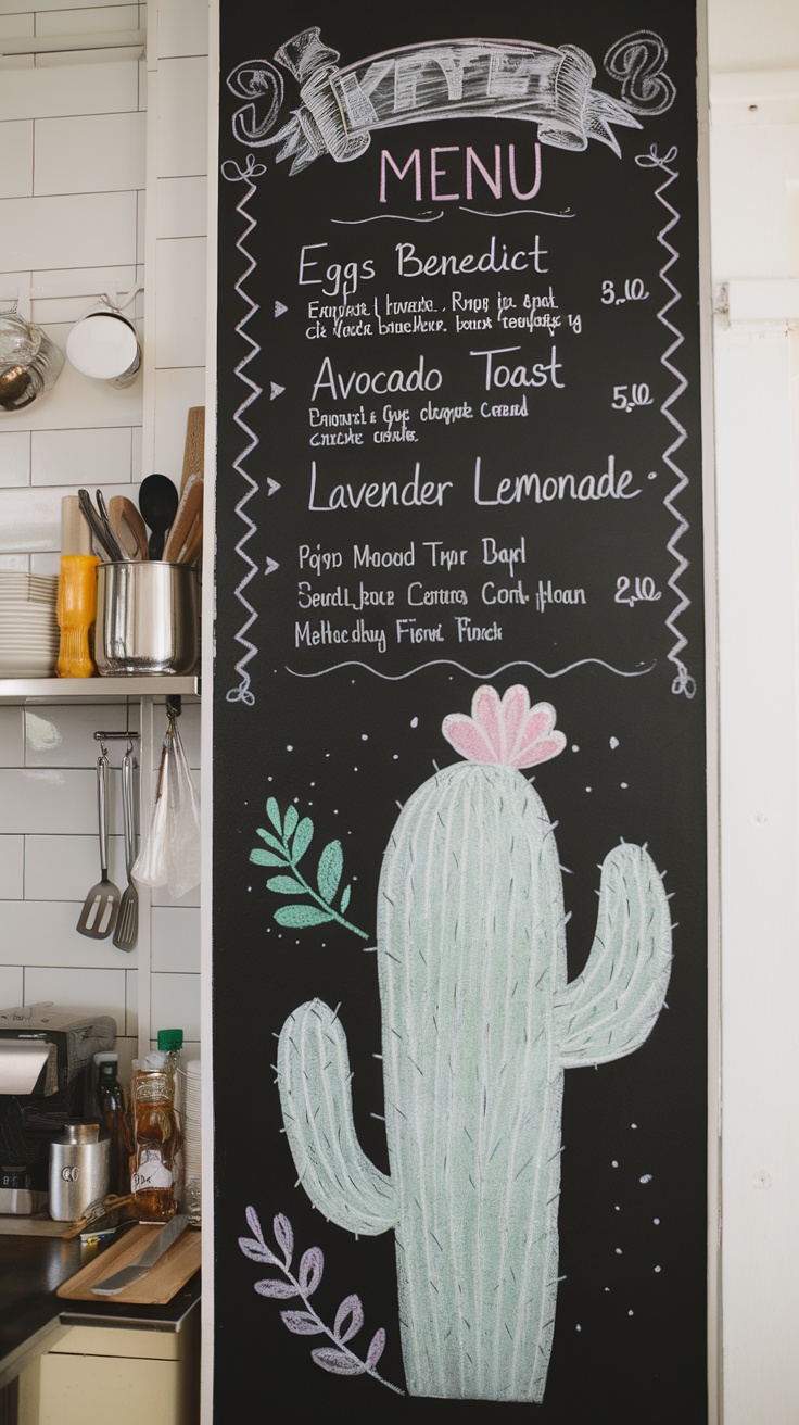 Chalkboard wall displaying a menu with various food items and prices
