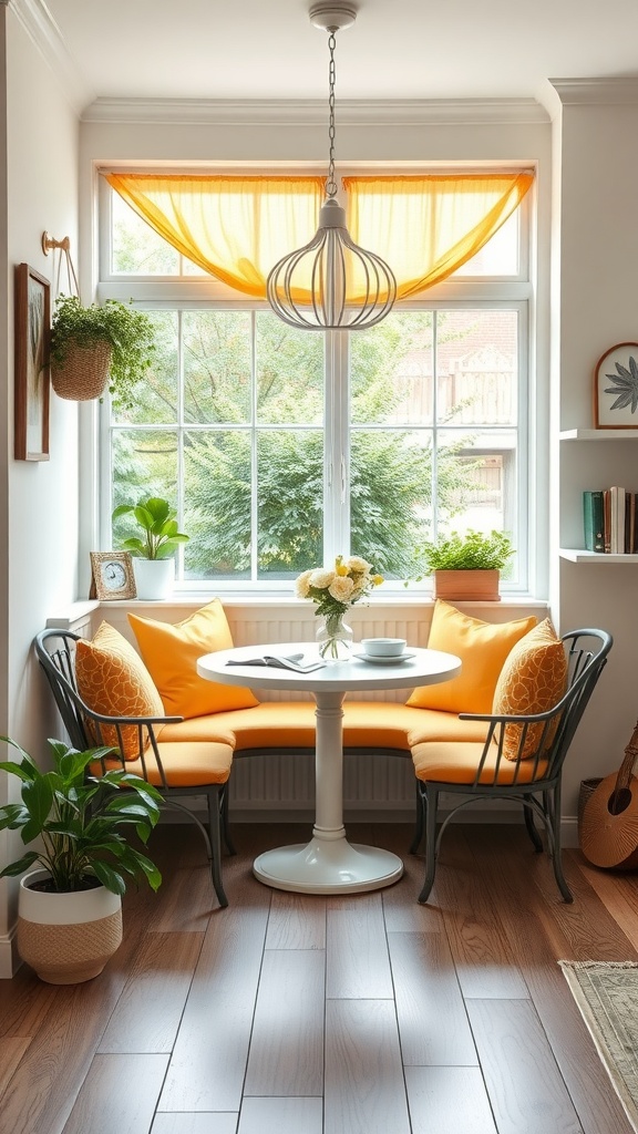 A cozy breakfast nook featuring yellow cushions, a white table, and natural light from a large window with sheer orange curtains.