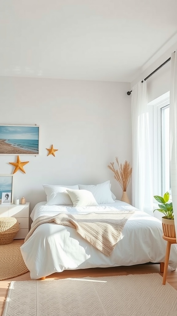 A bright and cozy coastal-themed bedroom with white bedding, natural decor, and a beachy ambiance.