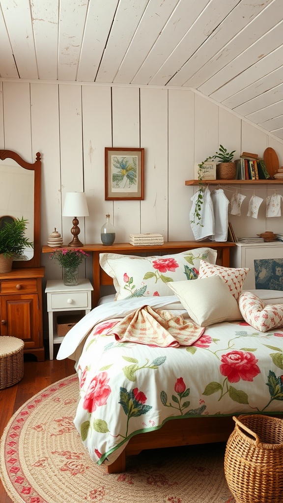 Cozy cottage bedroom with floral bedding, wooden furniture, and soft lighting