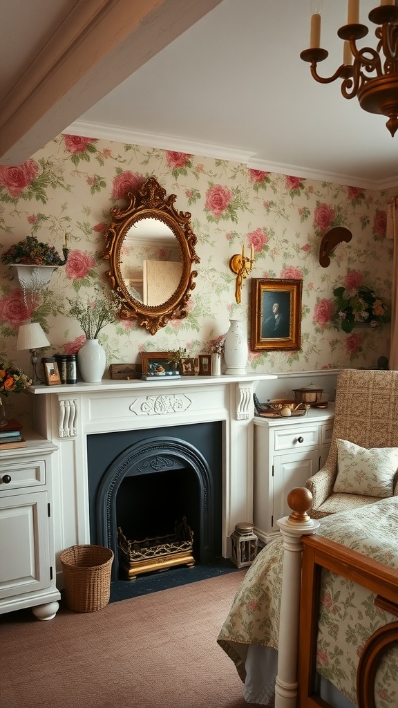 A charming English cottage bedroom featuring floral wallpaper, a fireplace with a golden mirror above, and a cozy bed adorned with a floral quilt.