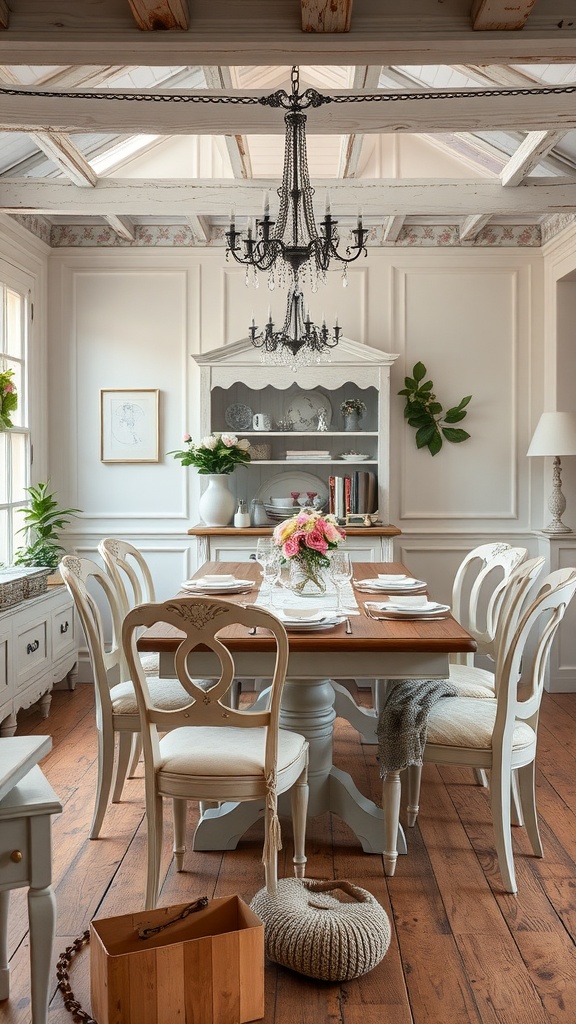 A charming French country dining room featuring a wooden table, upholstered chairs, a chandelier, and decorative elements.