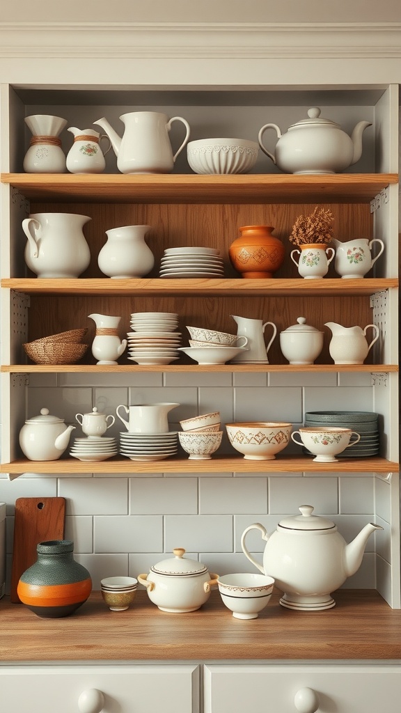 A collection of white and colorful pottery displayed on wooden shelves in a kitchen.